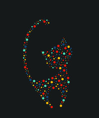 One elegance color cat at black background. Vector silhouette of cat drawn with dots. Dotted object for laser cut. Mosaic simple element for design.