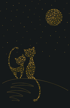 Cat And Cat Sit At Night And Admire The Stars. A Couple In Love. A Vector Image Drawn With Dots For A Greeting Card Or Invitation. A Date Under The Full Moon. Golden Silhouettes Of Two Cats.
