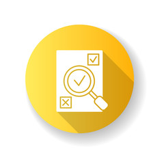 Evaluation yellow flat design long shadow glyph icon. Assessment of research. Check of statistic. Find information in report. Inspect exam paper. Administrative work. Silhouette RGB color illustration