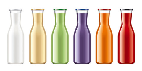 Set of Glass Bottles with Juices. Non-transparent drinks version. 