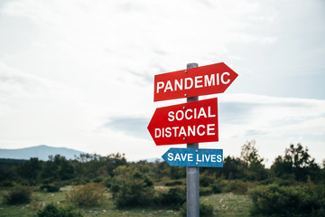 Pandemic, social distance save lives road warning signs. Social media campaign for coronavirus prevention