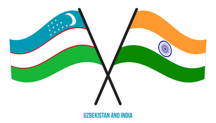 Uzbekistan and India Flags Crossed And Waving Flat Style. Official Proportion. Correct Colors