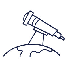 Hand drawn telescope doodle icon on earth. Hand drawn black sketch. Decoration element Flat design. Vector illustration