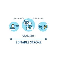 Court liaison concept icon. Manager to organize investigation. Coordinate courthouse procedure idea thin line illustration. Vector isolated outline RGB color drawing. Editable stroke