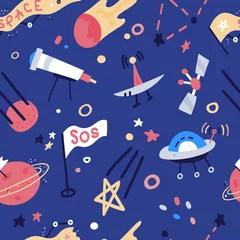 Foto op Plexiglas Kosmos Vector naadloos patroon met raketten, satelliet, UFO, sterren. Cartoon vlakke stijl kosmos kinderen achtergrond