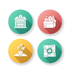 Activism flat design long shadow glyph icons set. Donation to public library. Humanitarian aid. Food bank. Nature protection. Environment conservation. Silhouette RGB color illustration