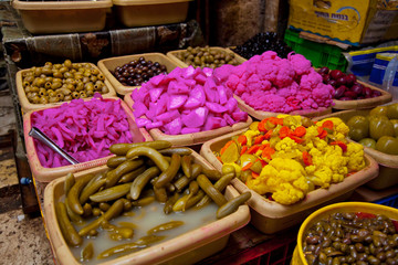 Colorful pickles in arabian market