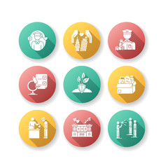 Human support flat design long shadow glyph icons set. Student loan for college. Social service. Volunteering to assist homeless. Food bank. Humanitarian aid. Silhouette RGB color illustration