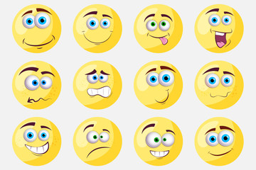  Expressive eyes and mouth, character face expressions.  Isolated vector illustration on yellow background