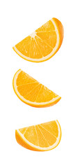 Orange pieces. Cut oranges on white background. Isolated.