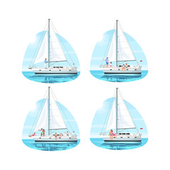Regatta with people semi flat vector illustration set. Family relax on boat. Couple on romantic date on private ship. Multicultural group on trip. Vacation 2D cartoon characters for commercial use