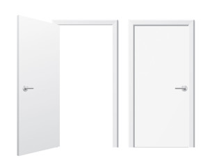 Set of opened and closed white doors. Vector doors in a front view, isolated on a white background. Simple and modern shape wooden door in a different positions. House interior object drawing.