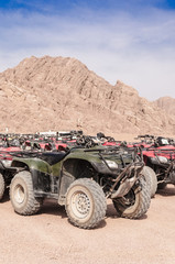 Riding a quad bike in the desert near the Sinai Mountains. Sharm El Sheikh. Photo on a sunny day..Holidays in 2018.