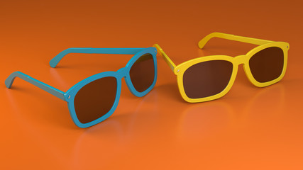 3d render. Couple of colorful plastic sunglasses on orange background.