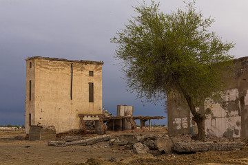 Ruins of abandoned fish canning factory in former Aral Sea port town Moynaq (Mo‘ynoq or Muynak), Uzbekistan