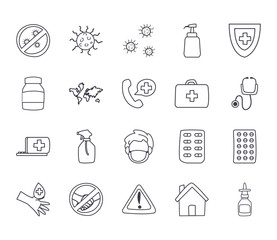 Medical care and covid 19 virus line style icon set vector design