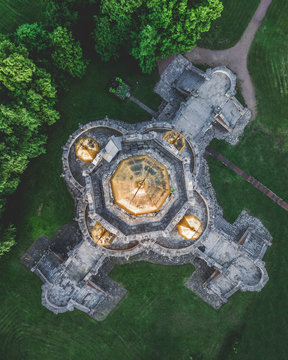 Aerial view of golden domes on the top of church of the Intercession at Fili, Moscow, Russia.