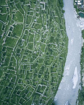 Aerial view of the walls and streets of the ancient aul Kunlum in Verkhnyaya Balkaria, Kabardino-Balkaria, Russia.