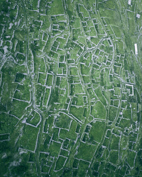 Aerial view of the walls and streets of the ancient aul Kunlum in Verkhnyaya Balkaria, Kabardino-Balkaria, Russia.