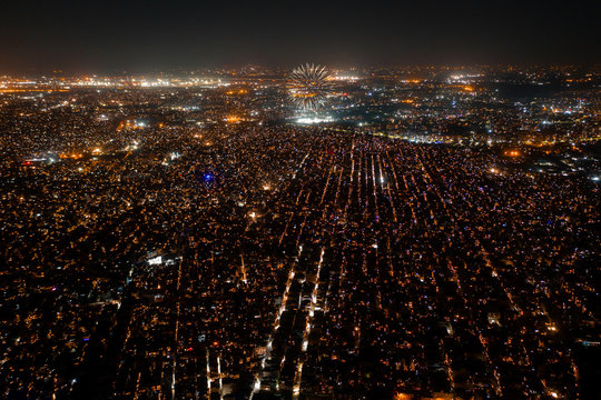 Aerial view of the city at night during the situation of turning off the lights due to the coronaviurs pandemic in Delhi, India