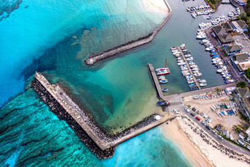 Aerial view of Saint Gilles Harbour and boats, Saint Paul City, Reunion Island, Indian Ocean