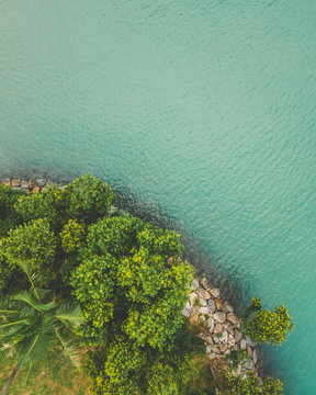 Aerial view of green blue ocean and colorful palm trees and coastline on Sentosa Island, Islands of Singapore, Singapore.