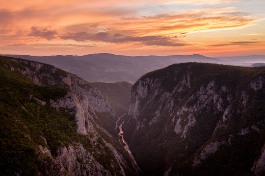 Aerial view of the early morning scenery of the canyon Tijesno, Bosnia and Herzegovina. "Tijesno" means tight, as the canyon is over 200 meters deep and about 400 wide.
