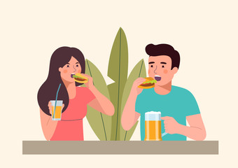 Man and woman eating burgers isolated. Vector flat illustration