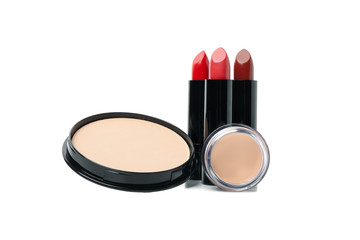 Lipstick and blush powder isolated on white background. Cosmetics. Female accessories