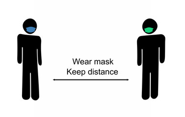 Illustration of two human figures wearing face protection masks. You can read the phrases in "use a mask" and "keep distance". Protection in pandemic concept.