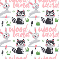 Seamless cute animal pattern with hares, raccoon, mushroom, plant