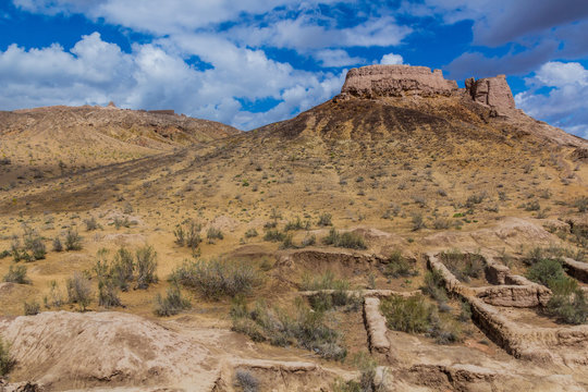 Ruins of Ayaz Qala fortress in Kyzylkum desert, Uzbekistan