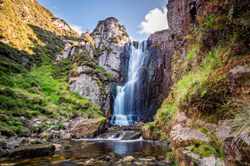 Wailing Widow Falls, Loch na Gainmhich, Glas Bheinn, in the dramatic highlands of scenic Scotland, a fantastic adventure travel destination for a holiday vacation to view awesome picturesque scenery