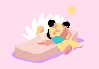 Mom straightens her teeth, sister looks. Vector illustration on a family theme. Idyll when at home. The care shown by parents. Dental topics. Home treatment.