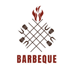 Hot grill logo design template with flame fire shape illustration. Vector element graphic barbecue concept in vintage style. Can use for stamp, emblem, logotype. Retro restaurant and bar identity