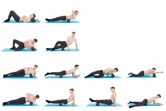 Set of 12 exercises using a foam roller for a myofascial release massage