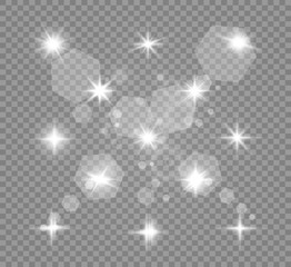 Set of gold bright beautiful stars. Light effect Bright Star. Beautiful light for illustration. Christmas star. Vector sparkles on transparent background.White glowing light.