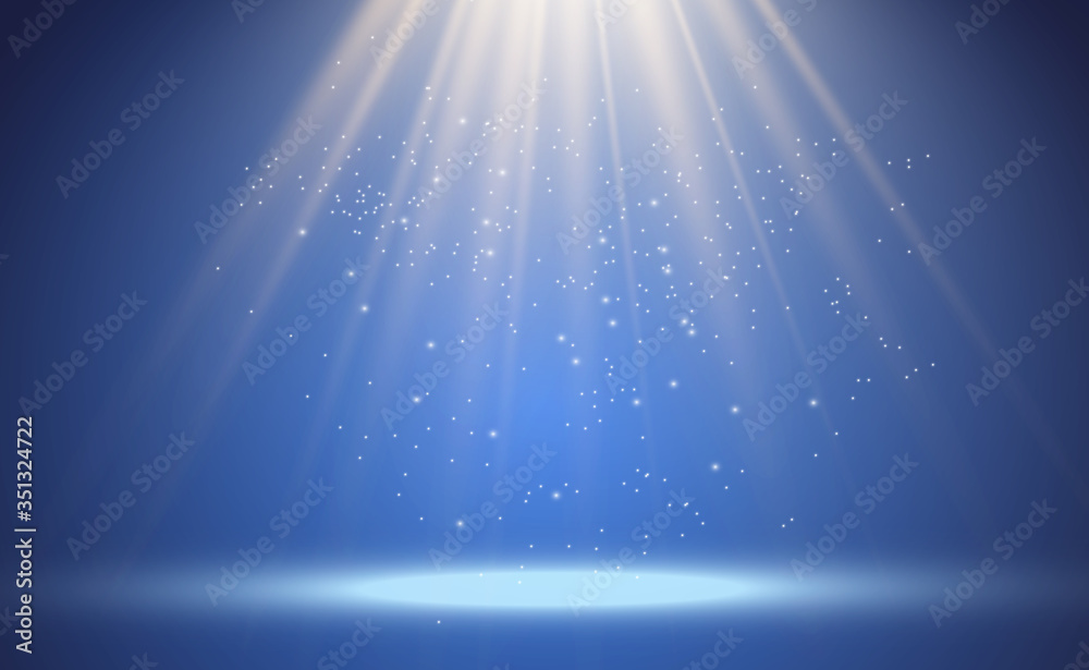 Poster White stage with spotlights. Vector illustration of a light with sparkles on a transparent background.