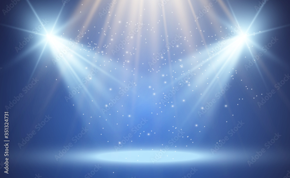 Poster White stage with spotlights. Vector illustration of a light with sparkles on a transparent background.