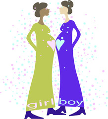 
Two pregnant women. On their stomachs they have pink and blue hearts and the inscriptions GIRL BOY.