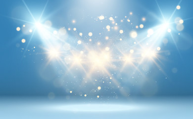 White stage with spotlights. Vector illustration of a light with sparkles on a transparent background. - obrazy, fototapety, plakaty