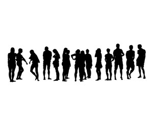 Young men and women on vacation. Isolated silhouettes on a white background