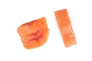 sliced red fish with lemon on white background