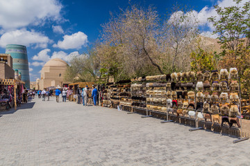 KHIVA, UZBEKISTAN - APRIL 25, 2018: Fur hats for sale at the Pahlavon Mahmud street in the old town...
