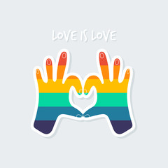 Love is love. Hands folded in the heart. The concept of LGBTQ. Vector illustration in a simple cute style. Hand-heart sticker.