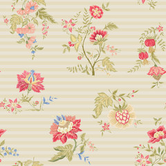 Seamless pattern with stylized ornamental flowers in retro, vintage style. Jacobin embroidery imitation. Colored vector illustration on beige stripes background.