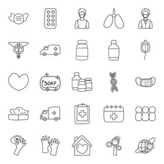 Medical care and covid 19 virus line style icon set vector design