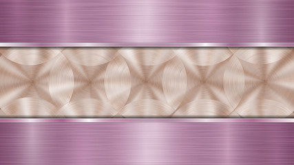 Background consisting of a bronze shiny metallic surface and two horizontal polished purple plates located above and below, with a metal texture, glares and burnished edges