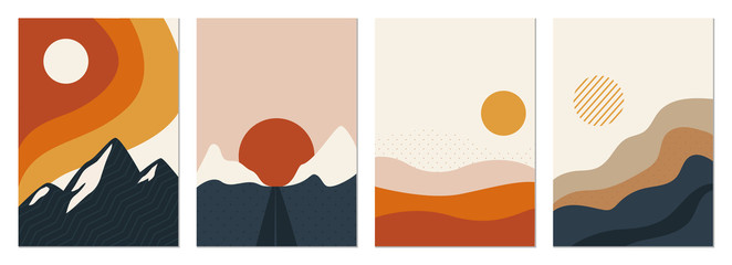 Collection of rectangular abstract landscapes. Sun, mountains, waves. Japanese style. Modern layouts, fashionable colors. Layouts for social networks, banners, posters. vector