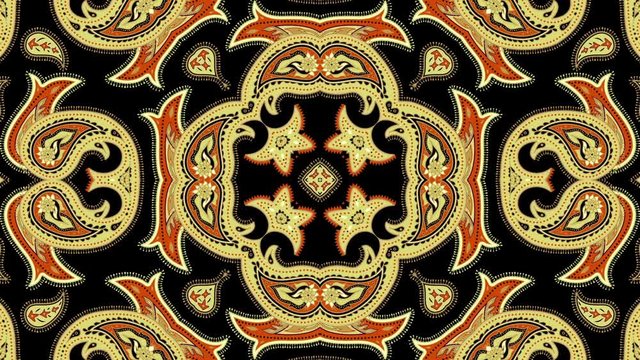 Symmetric abstract ornamental paisley pattern. Looping footage.